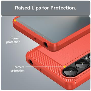Sony Xperia 1 VII Børstet TPU Cover - Karbonfiber - rød