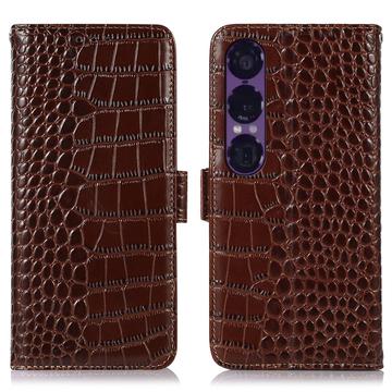 Sony Xperia 1 VII Crocodile Series Læderpung med RFID - Brun