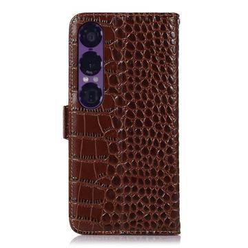 Sony Xperia 1 VII Crocodile Series Læderpung med RFID - Brun