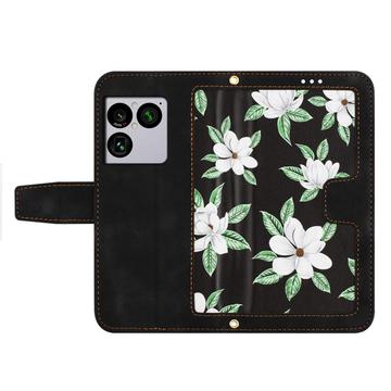 Sony Xperia 1 VIII Blomstret pung etui med kortholdere - Sort