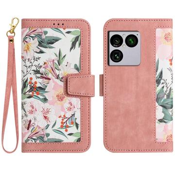 Sony Xperia 1 VIII Blomstret pung etui med kortholdere - pink