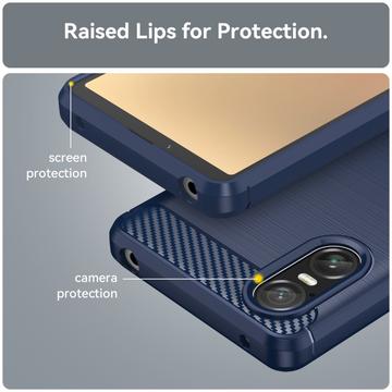 Sony Xperia 10 VI Børstet TPU Cover - Karbonfiber - Blå