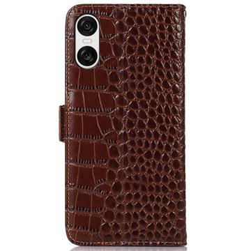Sony Xperia 10 VI Crocodile Series Læderpung med RFID - Brun