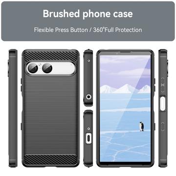 Sony Xperia 10 VII Børstet TPU Cover - Karbonfiber - Sort