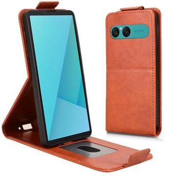 Sony Xperia 10 VII lodret flip-etui med stativ - Brun