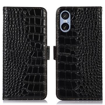 Sony Xperia 5 VI Crocodile Series Læderpung med RFID - Sort