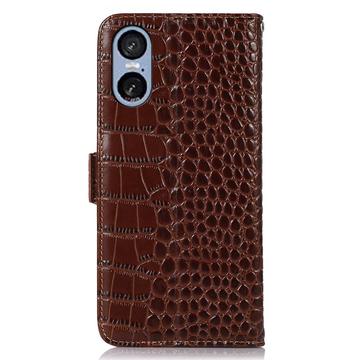 Sony Xperia 5 VI Crocodile Series Læderpung med RFID - Brun