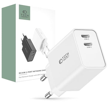 Tech-Protect C35W 2-Ports Netværksoplader - 2xUSB-C - Hvid
