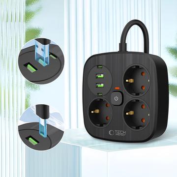 Tech-Protect PCS3X4 Stikdåse - 3 AC-udtag, 2 USB-A- og 2 USB-C-porte, 2m kabel - Sort