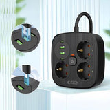 Tech-Protect PCS3X4 Stikdåse - 3 AC-udtag, 2 USB-A- og 2 USB-C-porte, 2m kabel - Sort