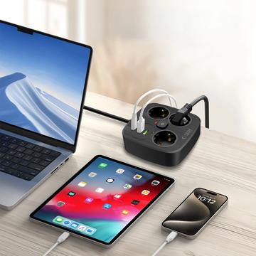 Tech-Protect PCS3X4 Stikdåse - 3 AC-udtag, 2 USB-A- og 2 USB-C-porte, 2m kabel - Sort