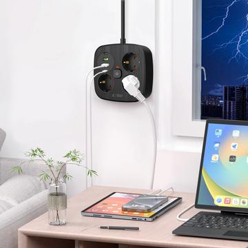 Tech-Protect PCS3X4 Stikdåse - 3 AC-udtag, 2 USB-A- og 2 USB-C-porte, 2m kabel - Sort