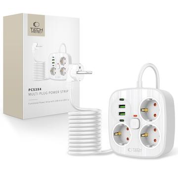 Tech-Protect PCS3X4 Stikdåse - 3 AC-udtag, 2 USB-A- og 2 USB-C-porte, 2m kabel - hvid