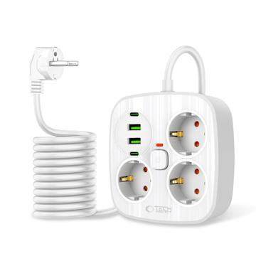 Tech-Protect PCS3X4 Stikdåse - 3 AC-udtag, 2 USB-A- og 2 USB-C-porte, 2m kabel - hvid