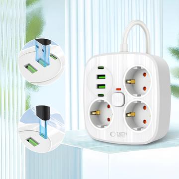 Tech-Protect PCS3X4 Stikdåse - 3 AC-udtag, 2 USB-A- og 2 USB-C-porte, 2m kabel - hvid