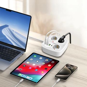 Tech-Protect PCS3X4 Stikdåse - 3 AC-udtag, 2 USB-A- og 2 USB-C-porte, 2m kabel - hvid