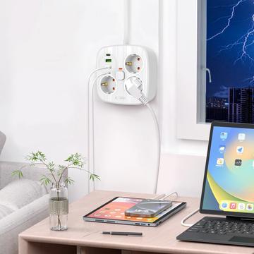 Tech-Protect PCS3X4 Stikdåse - 3 AC-udtag, 2 USB-A- og 2 USB-C-porte, 2m kabel - hvid