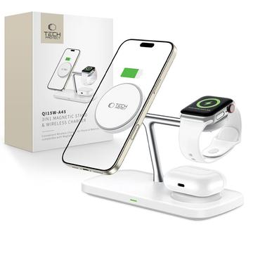 Tech-Protect QI15W-A45 3-i-1 magnetisk trådløs oplader - Magsafe-kompatibel - Hvid