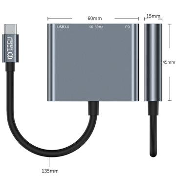 Tech-Protect V1 3-i-1 USB-C Multiport Hub - USB-A / USB-C / HDMI - Grå