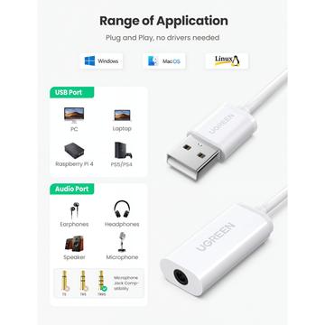 Ugreen US206 USB-A til 3.5mm lydadapter - hvid