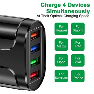 Universal 4-Port Hurtig Oplader USB Power Adapter - 48W - Sort