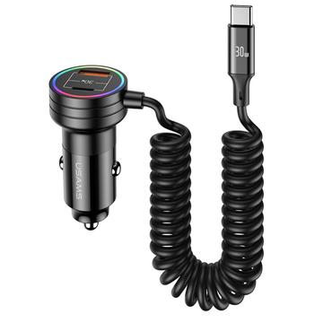 Usams US-CC167 biloplader 60W med USB-C, USB-A-port og USB-C-kabel - sort