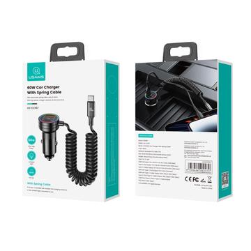 Usams US-CC167 biloplader 60W med USB-C, USB-A-port og USB-C-kabel - sort