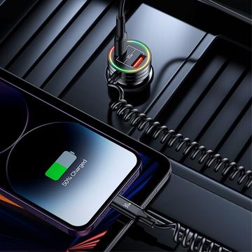 Usams US-CC167 biloplader 60W med USB-C, USB-A-port og USB-C-kabel - sort