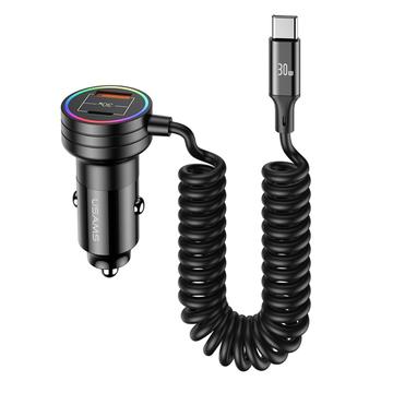 Usams US-CC167 biloplader 60W med USB-C, USB-A-port og USB-C-kabel - sort