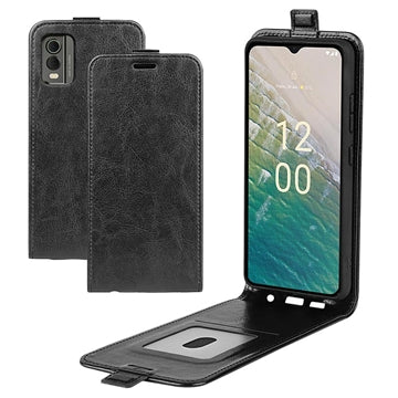 Nokia C32 Vertikal Flip Taske med Kortholder - Sort