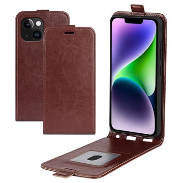 iPhone 15 Plus Vertikal Flip Taske med Kortholder - Brun