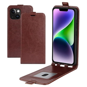 iPhone 15 Plus Vertikal Flip Taske med Kortholder - Brun