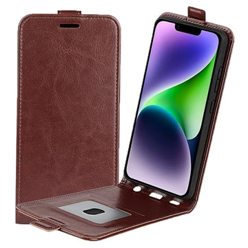 iPhone 15 Plus Vertikal Flip Taske med Kortholder - Brun