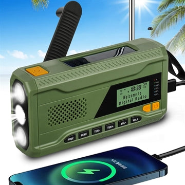 Bærbar Solar Håndsving Nødradio m. LED Lommelygte, Powerbank WR-6D - DAB/FM, 4500mAh