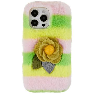 3D Plush Furry Vinter iPhone 14 Pro Max TPU Cover - Gul Rose