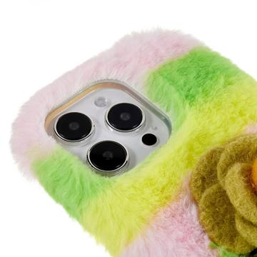 3D Plush Furry Vinter iPhone 14 Pro Max TPU Cover - Gul Rose