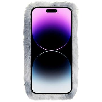 3D Plush Furry Vinter iPhone 14 Pro Max TPU Cover - Grå Bjørn