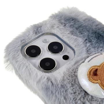 3D Plush Furry Vinter iPhone 14 Pro Max TPU Cover - Grå Bjørn