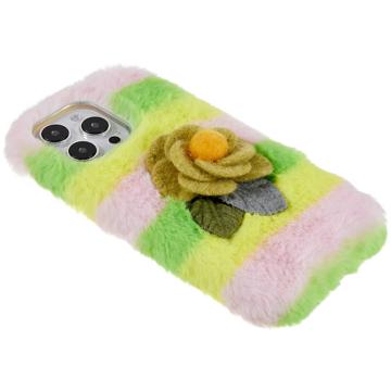3D Plush Furry Vinter iPhone 14 Pro TPU Cover - Gul Rose