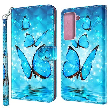 Wonder Series Samsung Galaxy S21 5G Pung Cover - Blå Sommerfugl