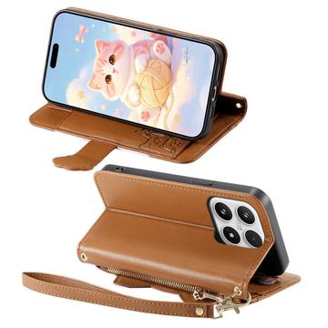 Xiaomi 17 sød katte-pung med kortholder, lynlåslomme og håndledsrem - brun