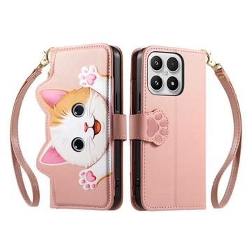 Xiaomi 17 sød katte-pung med kortholder, lynlåslomme og håndledsrem - lyserød