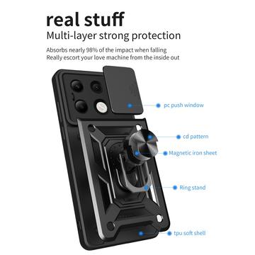 Xiaomi Redmi Note 13 4G Roterende Ring Hybrid Cover med Kameraskjold - Sort