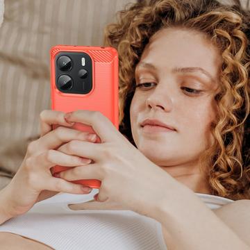 Xiaomi Redmi Note 14 4G Børstet TPU Cover - Karbonfiber - Rød