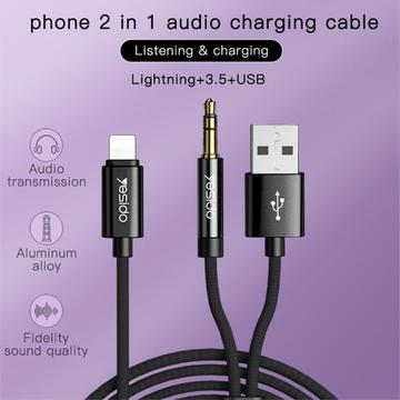 Yesido YAU18 2-i-1 Lightning AUX- og opladningskabel - 1.2m
