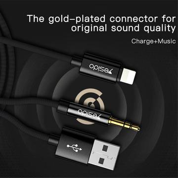 Yesido YAU18 2-i-1 Lightning AUX- og opladningskabel - 1.2m