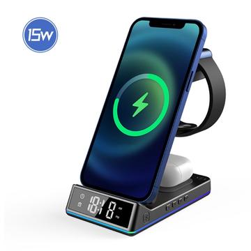 Z6 Foldbar 5-i-1 15W Magnetisk Trådløs Oplader med Blændende Atmosfærelys/Digitalt Ur