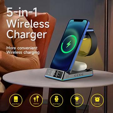 Z6 Foldbar 5-i-1 15W Magnetisk Trådløs Oplader med Blændende Atmosfærelys/Digitalt Ur