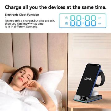 Z6 Foldbar 5-i-1 15W Magnetisk Trådløs Oplader med Blændende Atmosfærelys/Digitalt Ur