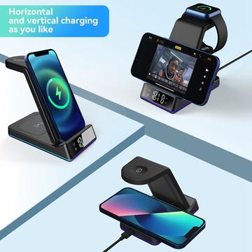 Z6 Foldbar 5-i-1 15W Magnetisk Trådløs Oplader med Blændende Atmosfærelys/Digitalt Ur